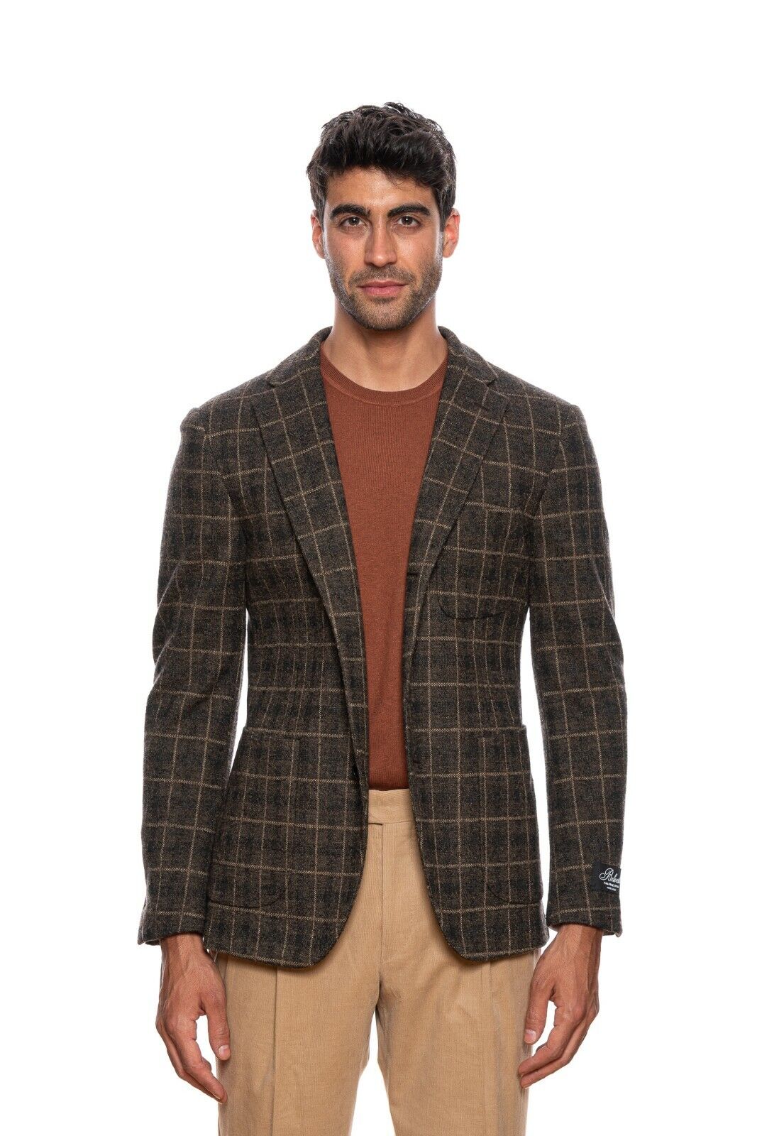 $2380 BELVEST Brown Wool Blend Windowpane Jacket 42 US / 52 EU Drop 8R  F/W 2018