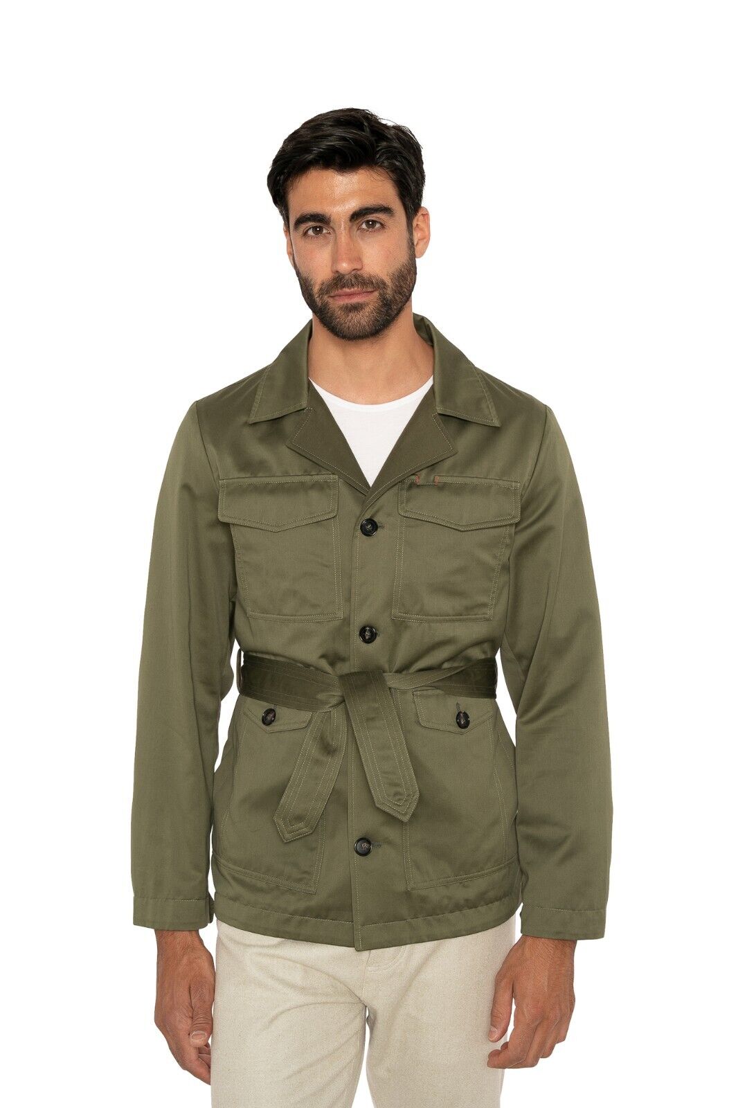 $3200 ISAIA NAPOLI Green Belted Safari Jacket Coat Cotton 38 US / 48 EU Slim Fit