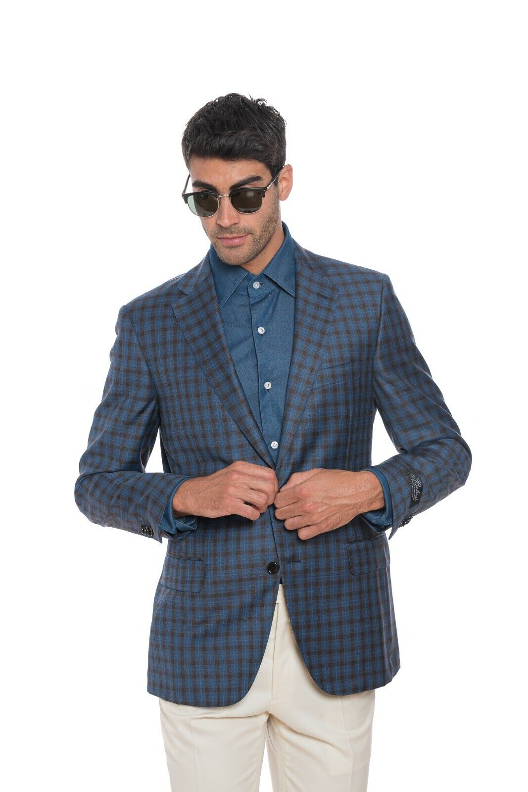 2450$ BELVEST Jacket Blazer Blue Checks Fine Wool Super 130's 38 US / 48 EU 7R
