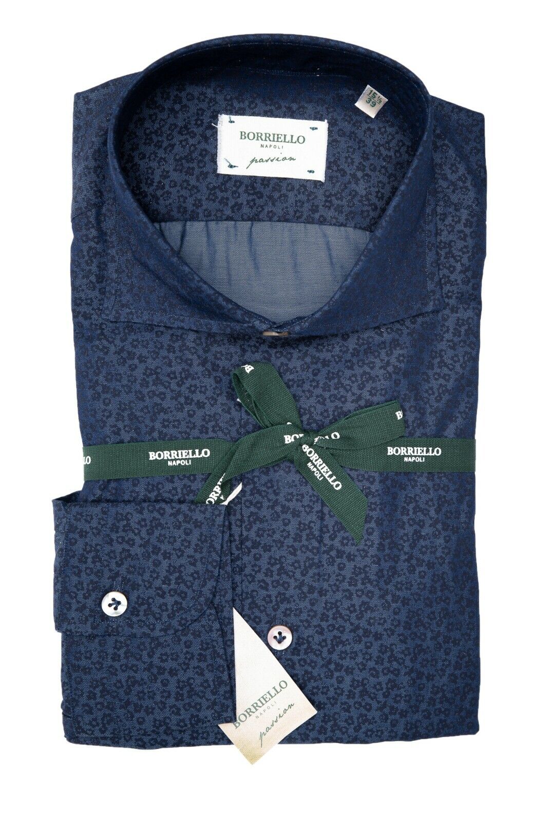 210$ BORRIELLO NAPOLI Blue Floral Shirt Cotton Denim Hand-Sewn in Italy Slim Fit
