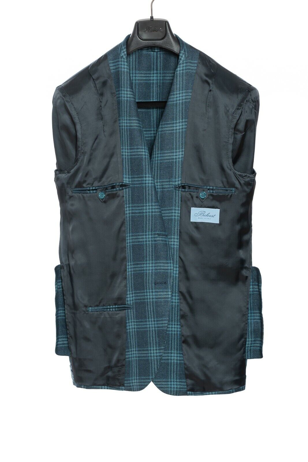 2180$ BELVEST Blue / Aquamarine Jacket Hemp + Wool Checks Super Slim Fit