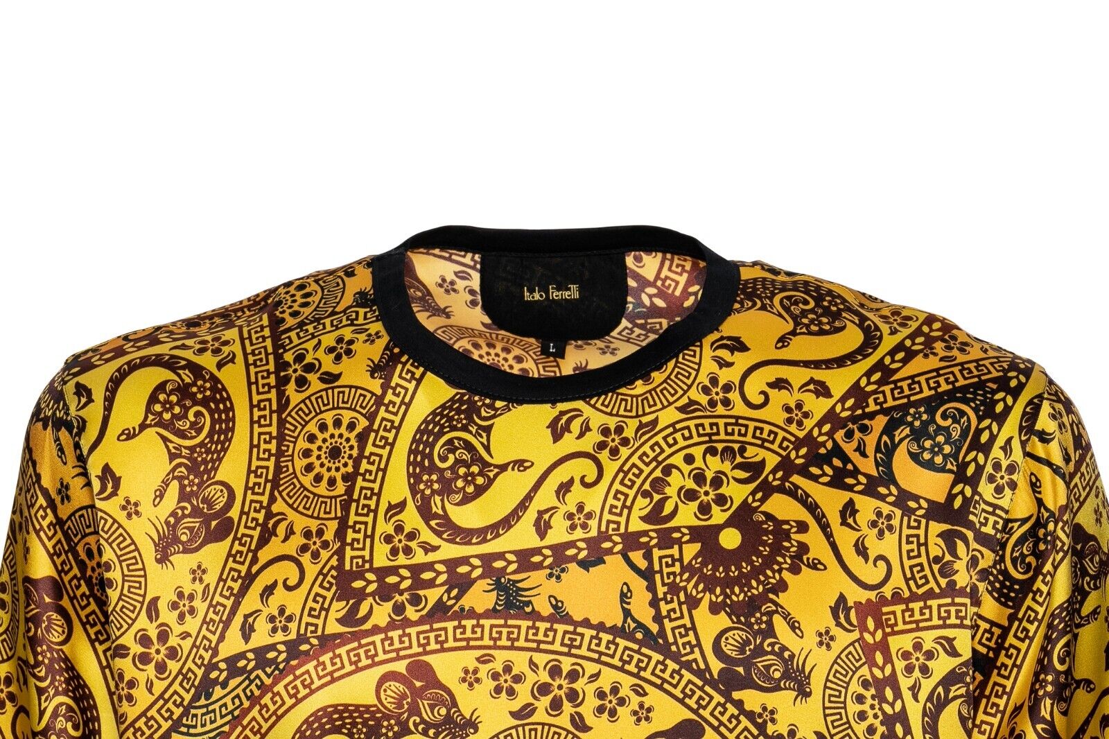 750$ ITALO FERRETTI T-Shirt "YEAR OF THE RAT" 100% Silk COMO STRETCH Sz L ZILLI
