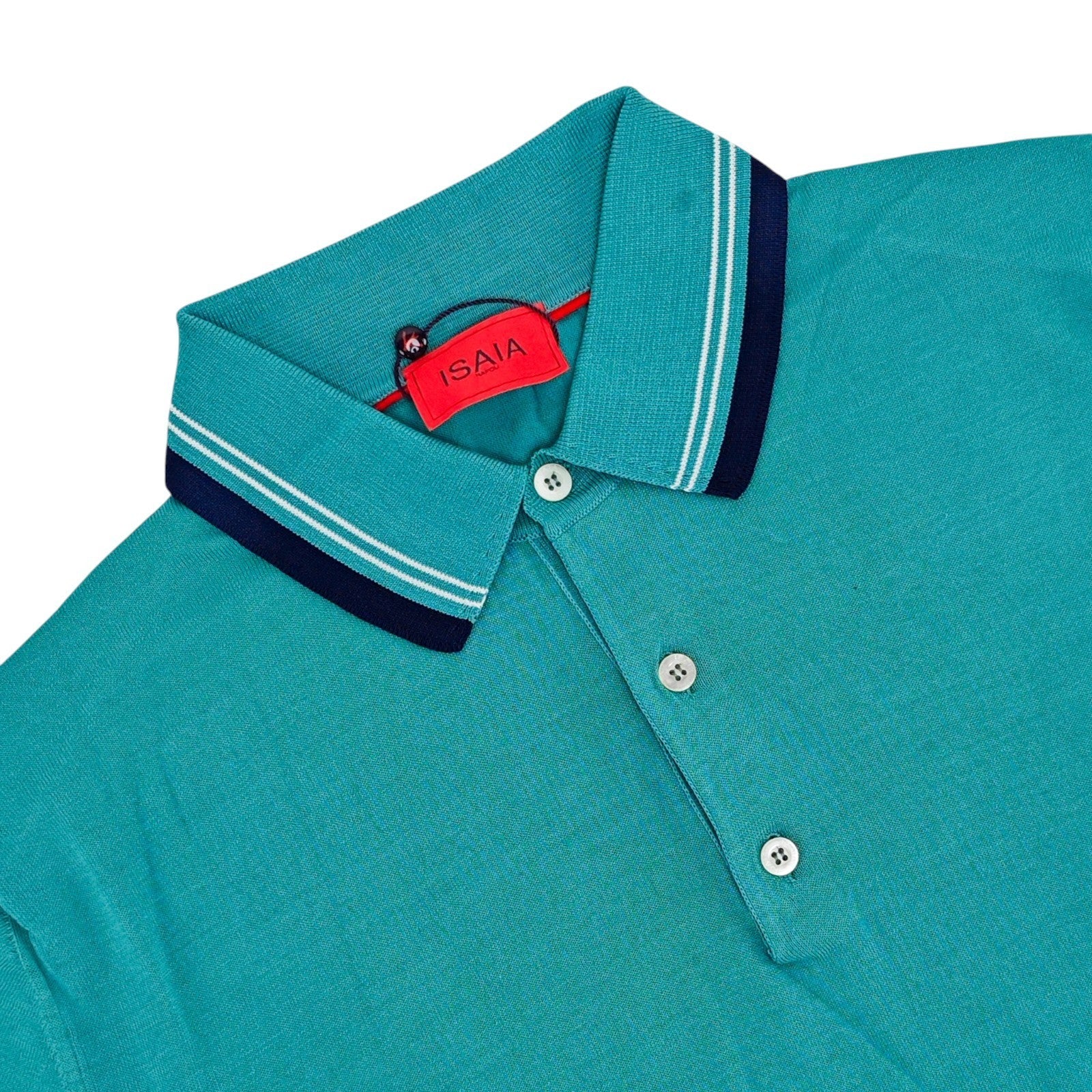 1150$ ISAIA NAPOLI Turquoise Polo Sweater Short Sleeve Knit Cotton Size L