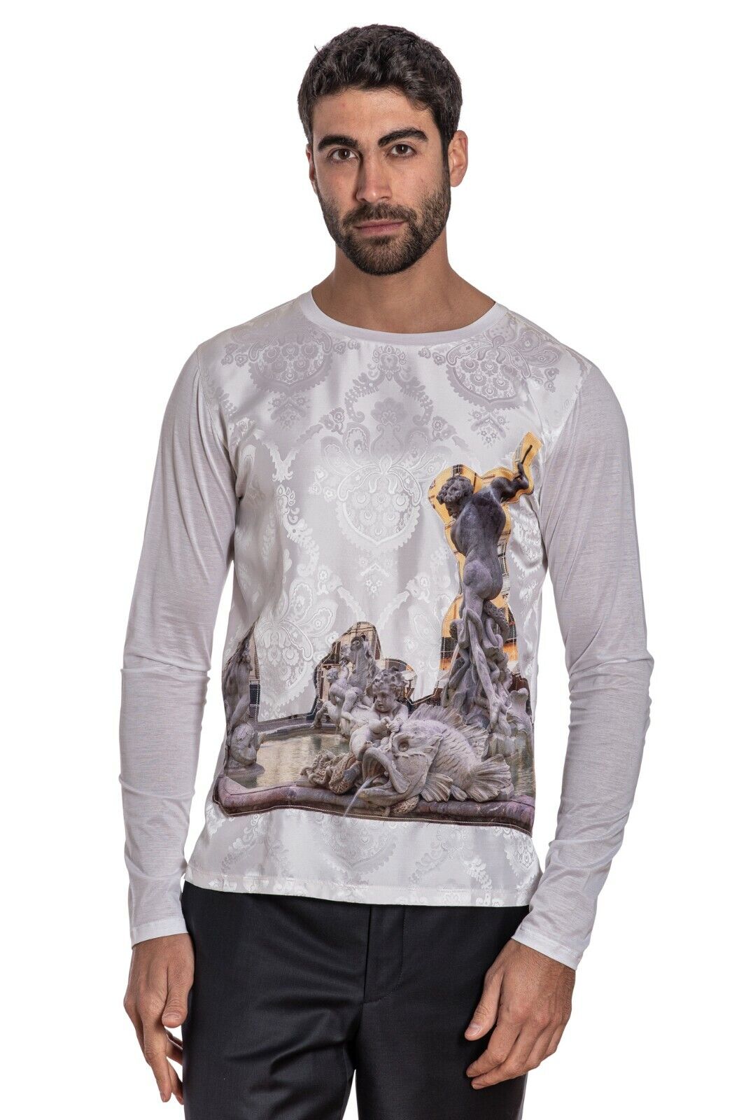 1450$ GERLIN T-Shirt 100% Silk "FOUNTAIN OF NEPTUNE ROME" Sz M BIJAN