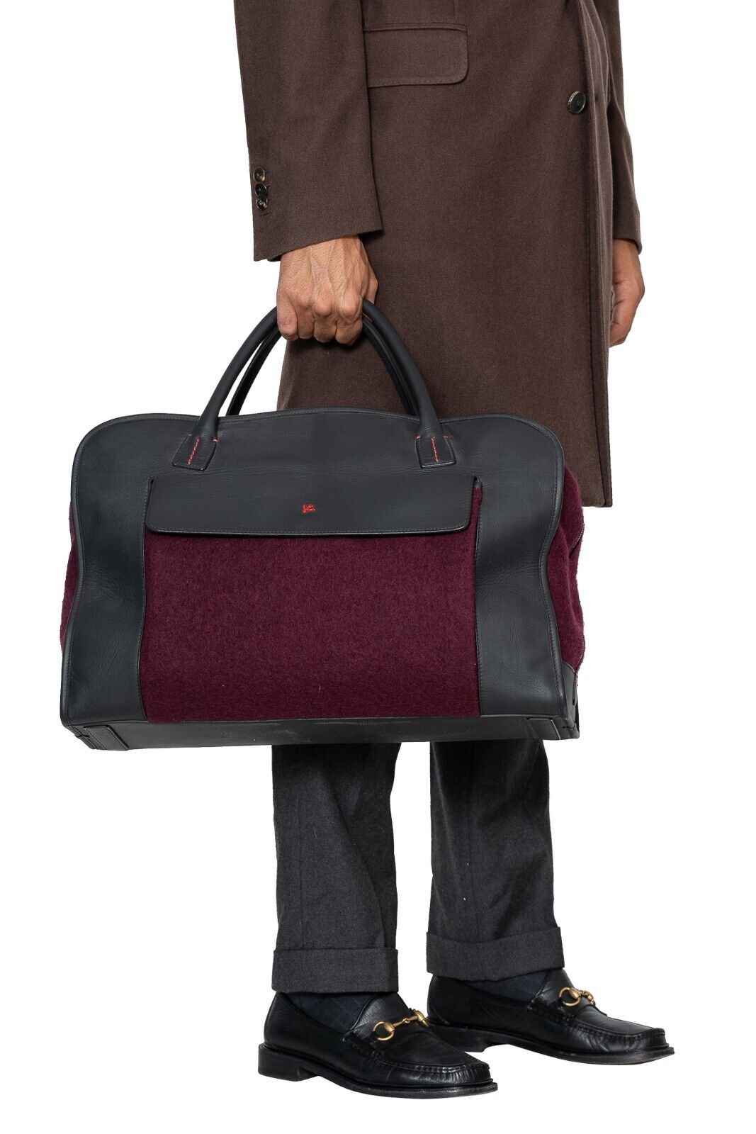 $4500 ISAIA NAPOLI Wine / Gray Large Duffle Bag Travel Weekend Leather / Wool