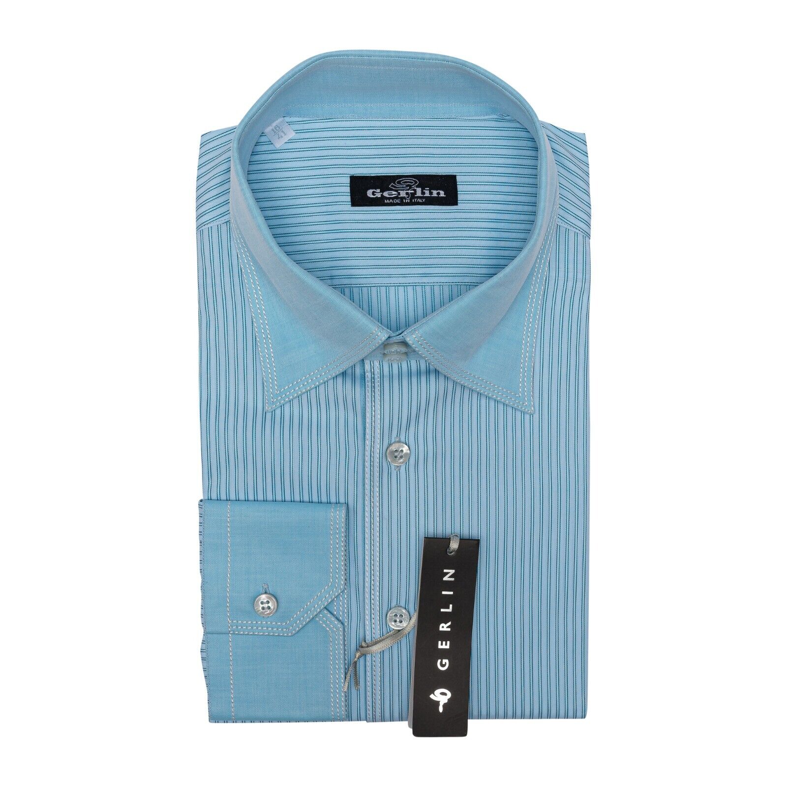 690$ LUXURY GERLIN Shirt Striped Point Sky Blue Cotton 16 - 41 2P ZILLI