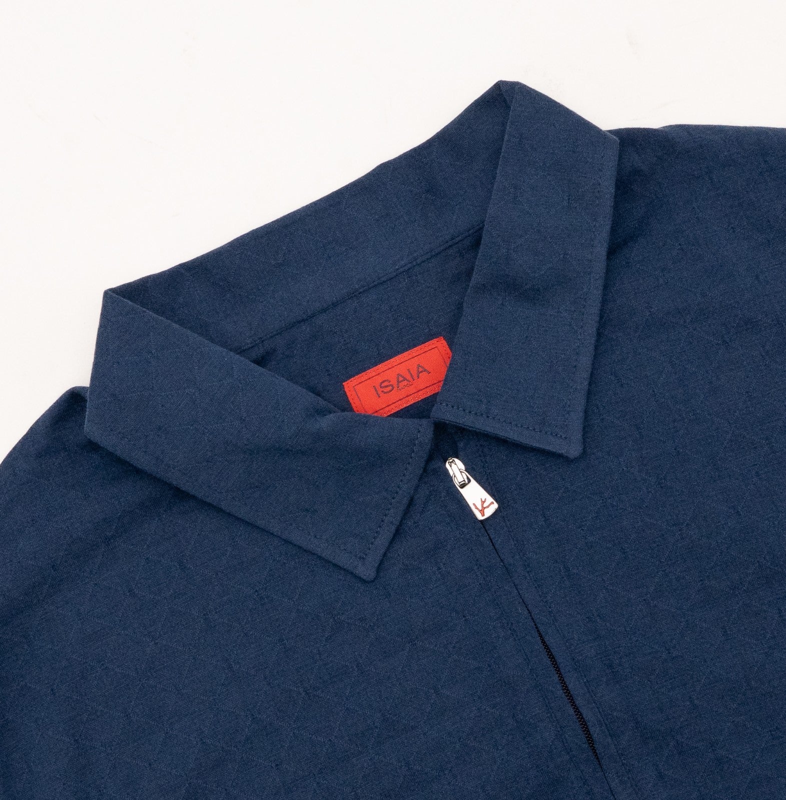 1100$ ISAIA NAPOLI Jaquard Soft Cotton Silk Short Sleeve Zip Polo Blue