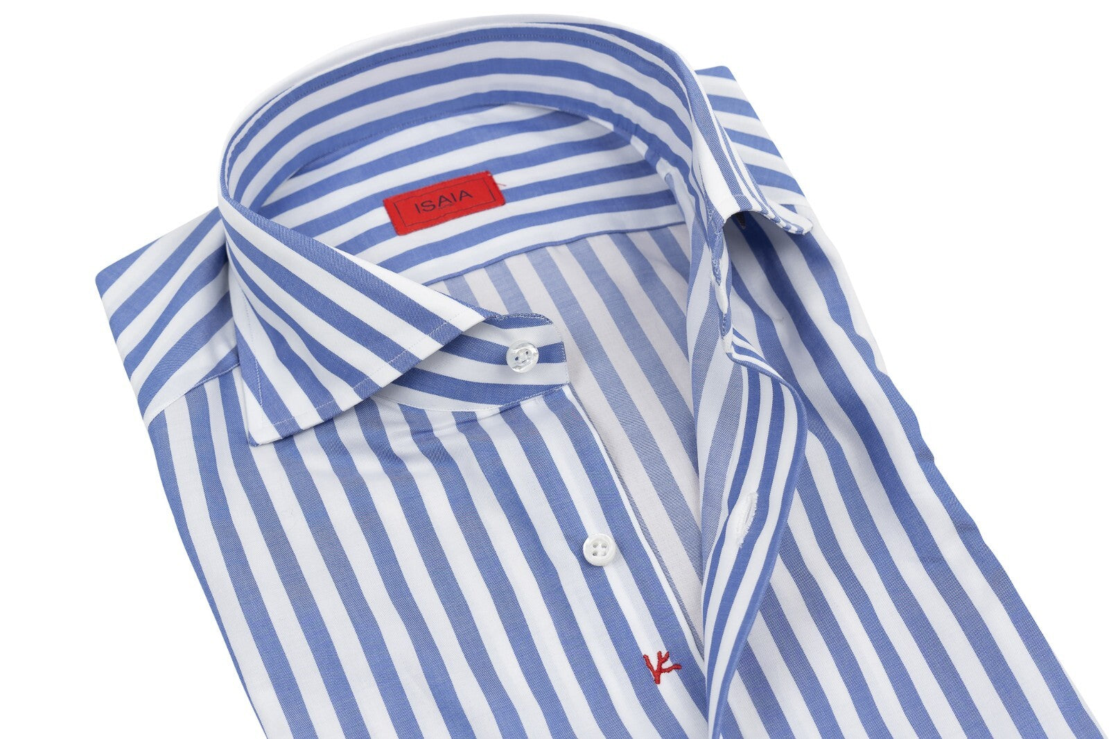 650$ ISAIA NAPOLI White & Blue Hand-Sewn Striped Dress Shirt Cotton 15 - 38