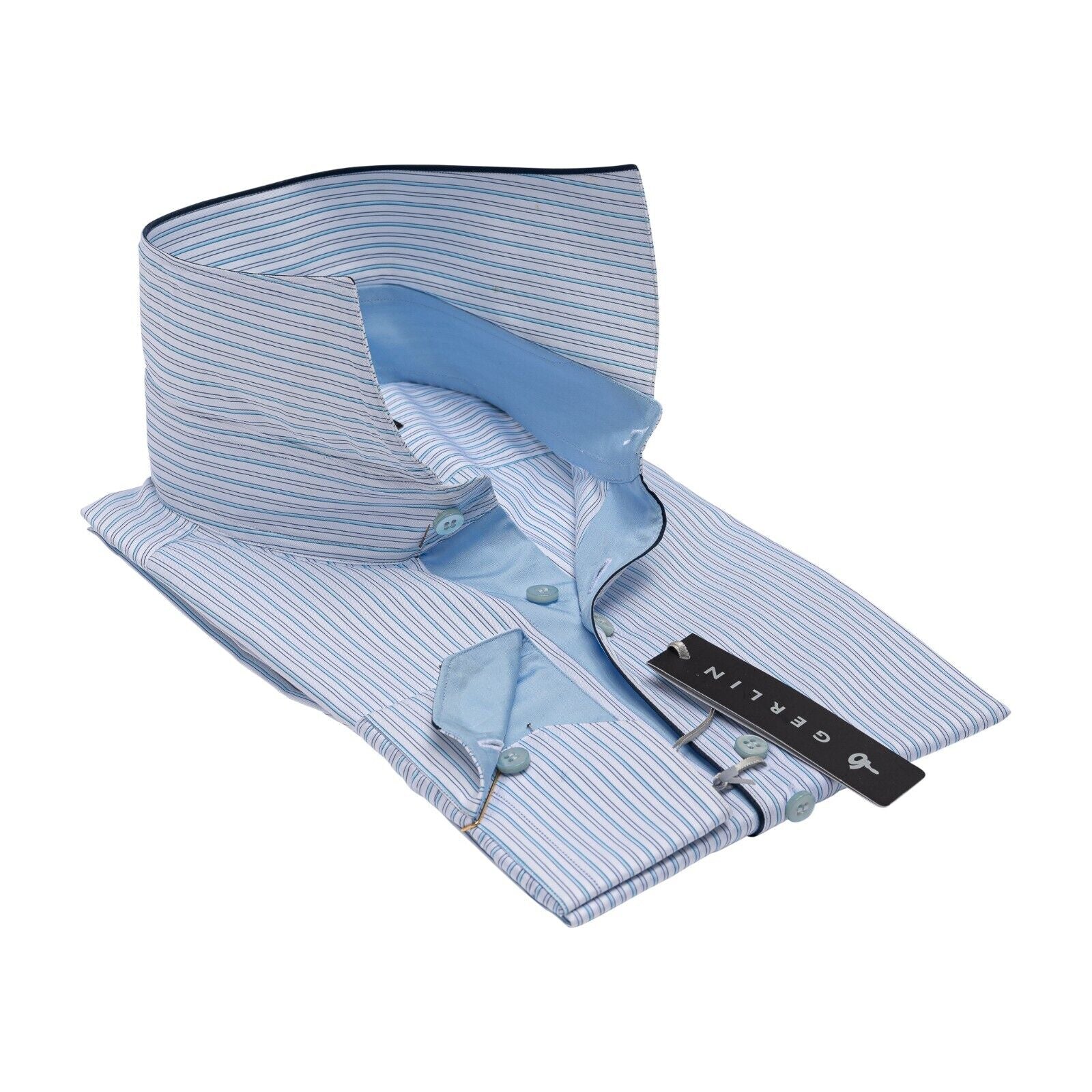690$ LUXURY GERLIN Shirt Striped Blue Twill Cotton 16 - 41 2AB ZILLI