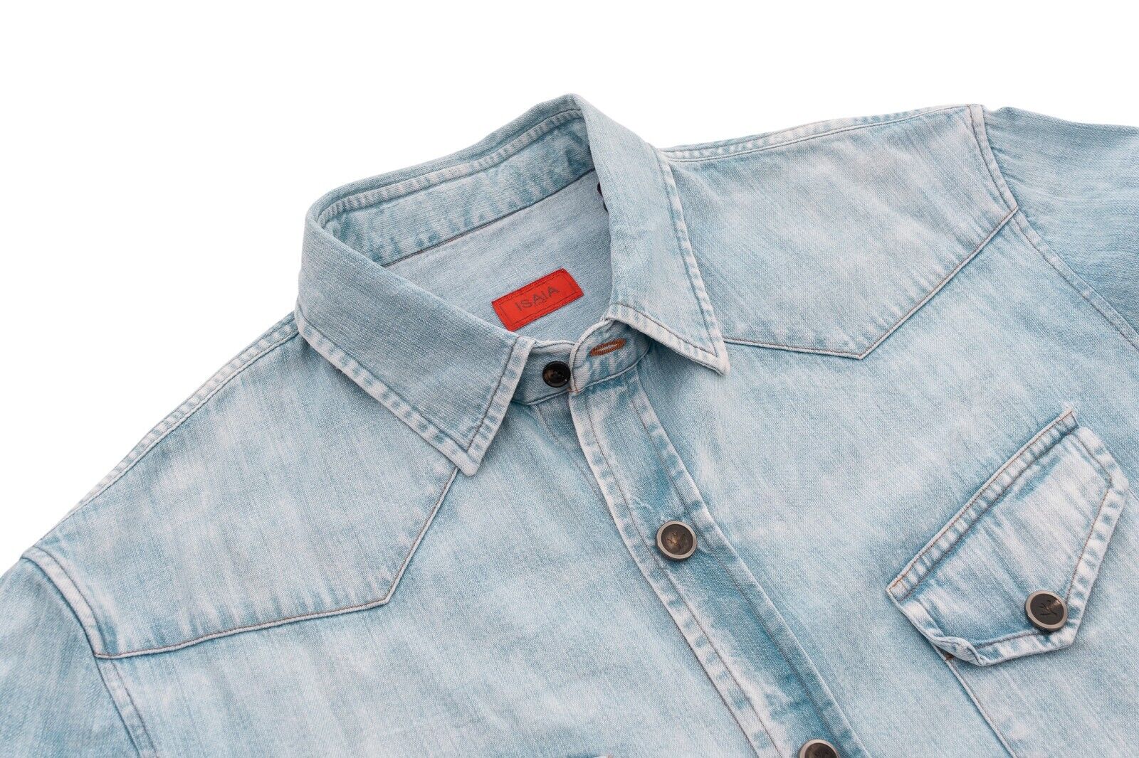 $900 ISAIA NAPOLI Light Blue Denim Shirt Jacket Washed Cotton Size 15.5 - 39