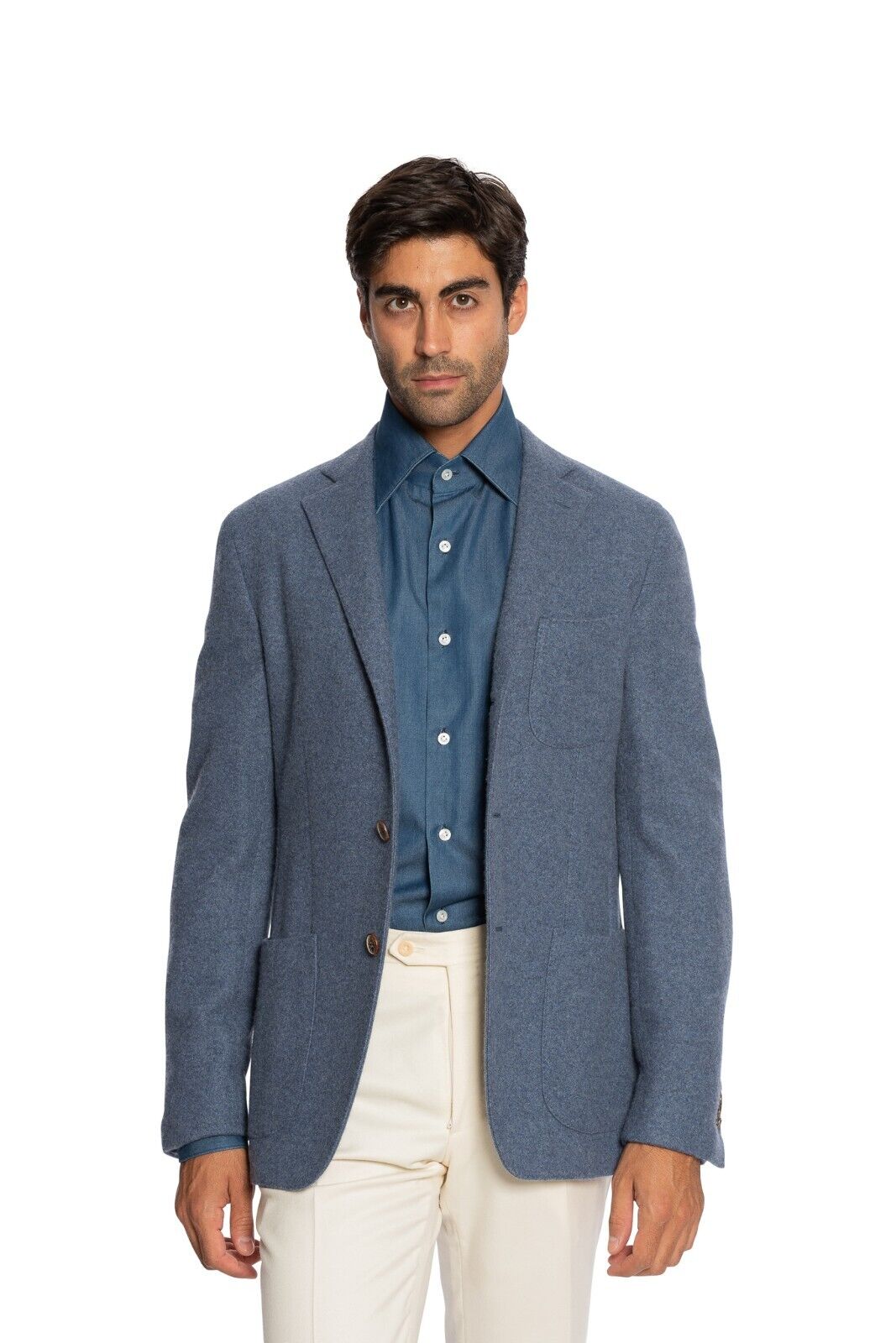 $2800 FEDELI CASHMERE Blue Blazer Jacket 100% Cashmere + Leather 38 US / 48 EU