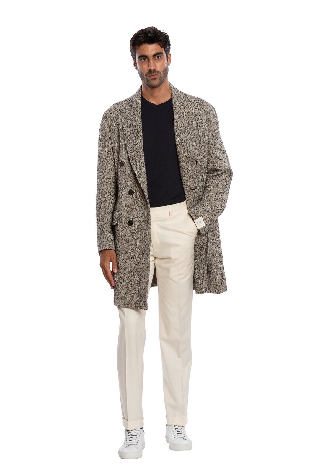 $3400 LUIGI BORRELLI NAPOLI Hand-Sewn Beige Coat Double Breasted Wool Blend