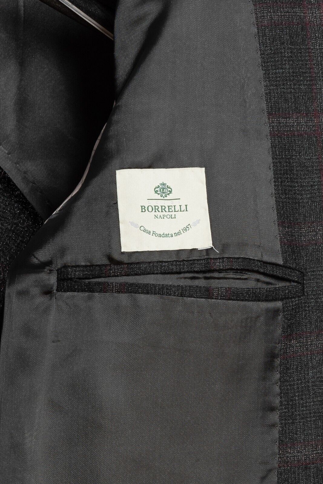 $3100 LUIGI BORRELLI NAPOLI Hand-Sewn Dark Gray Prince of Wales Suit Wool Slim