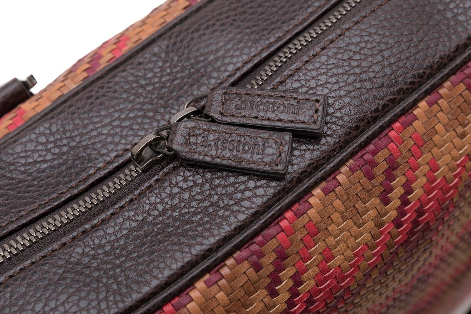 $1650 Testoni Bologna Brown Briefcase PC Case Bright Woven Karibu Calf