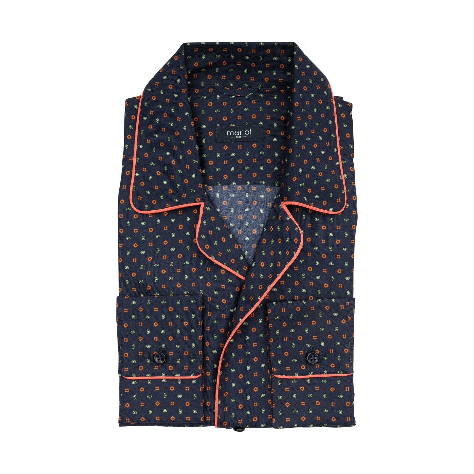 1400$ LUXURY MAROL BOLOGNA Camp Collar Shirt Blue Navy Floral 100% COMO SILK