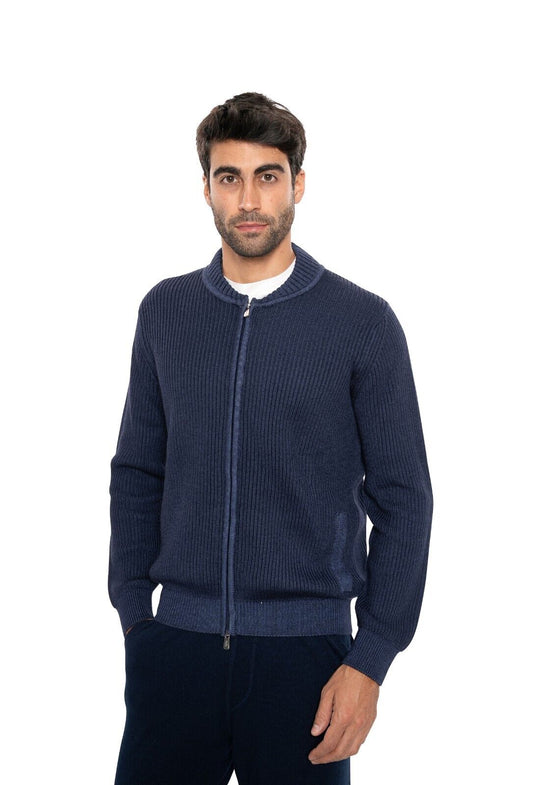 $1400 FEDELI CASHMERE Blue Cardigan Jacket Zip Thick Merinos Wool 40 US / 50 EU