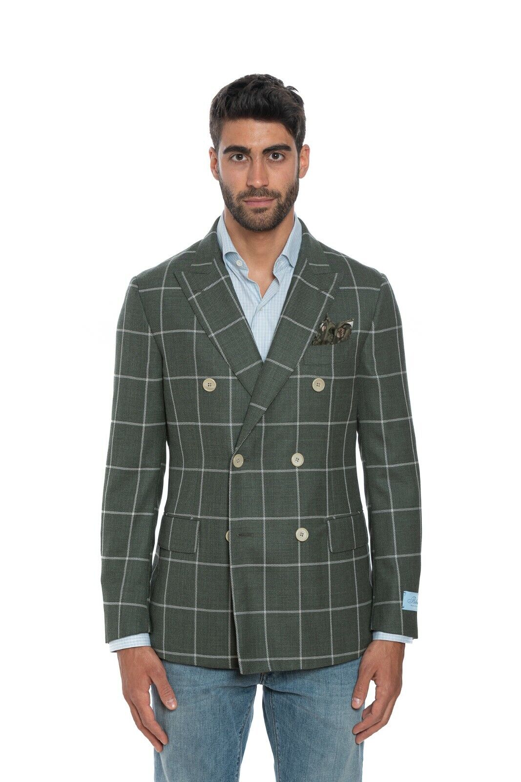 2200$ BELVEST Sartorial Double Breasted Jacket Green Check Wool Super Slim Fit