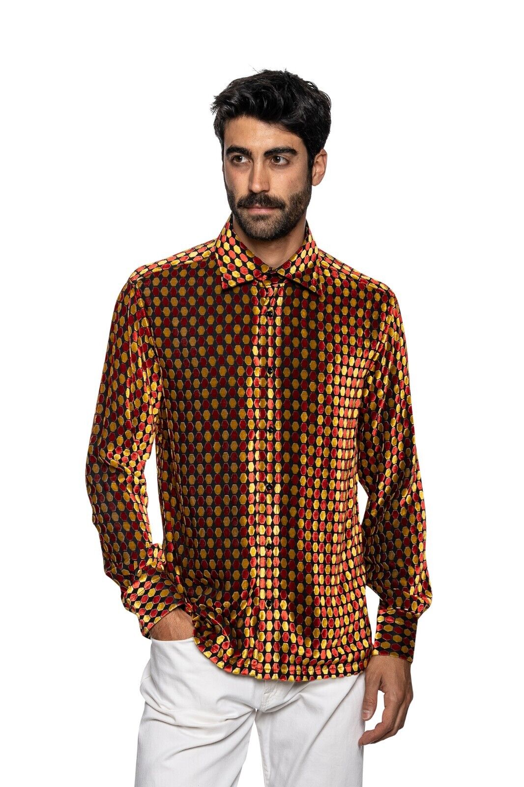 2000$ ITALO FERRETTI Shirt Velvet / Silk Geometric Sz L Lined in Silk BIJAN