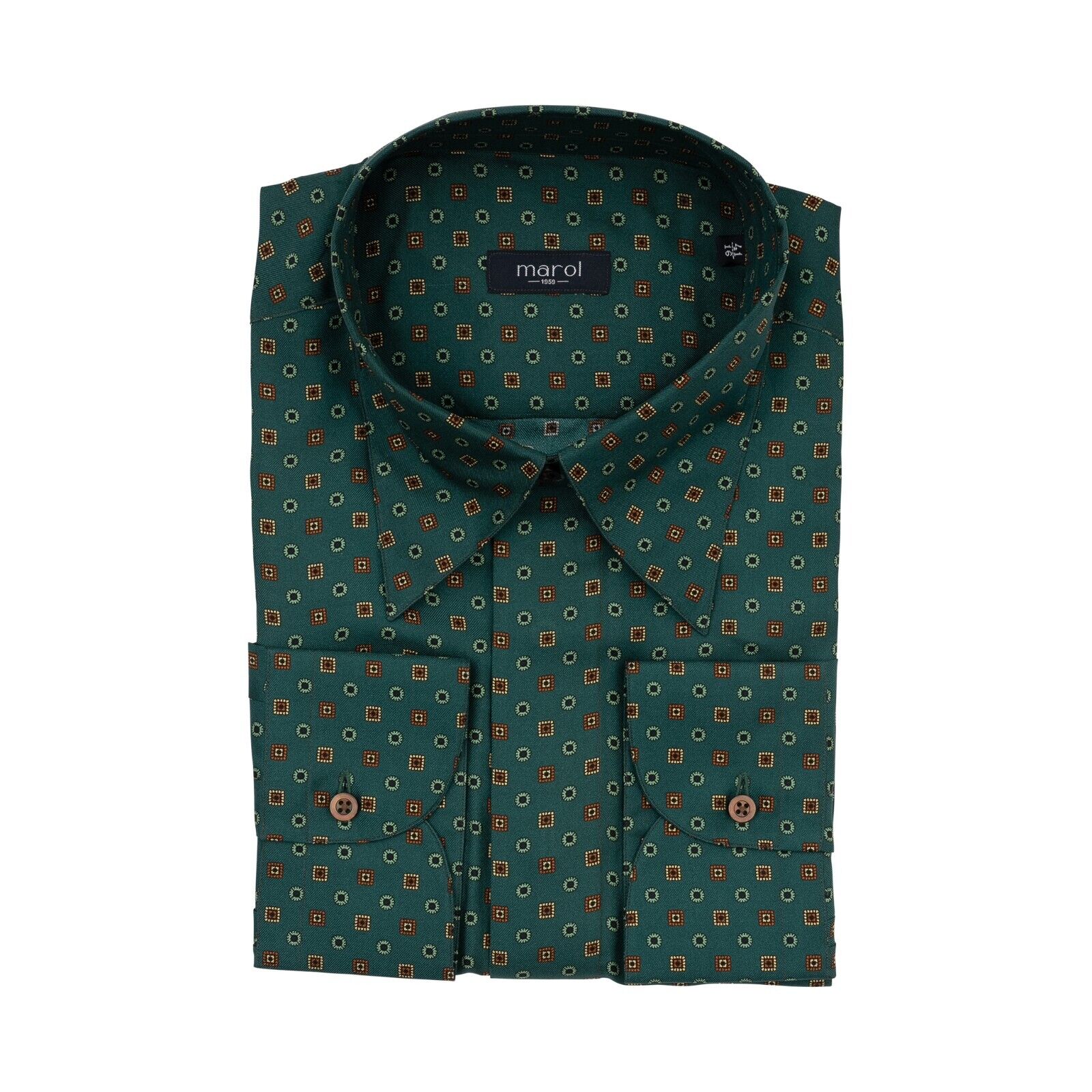 1400$ MAROL BOLOGNA Geometric Petroleum Green Shirt 100% COMO SILK Satin  16-41