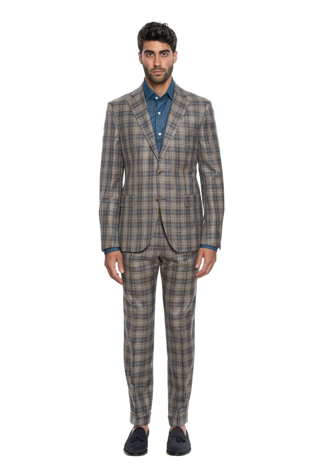$3190 Belvest Checks Brown Suit Wool Silk Linen 40 US / 50 EU 8R Slim Fit