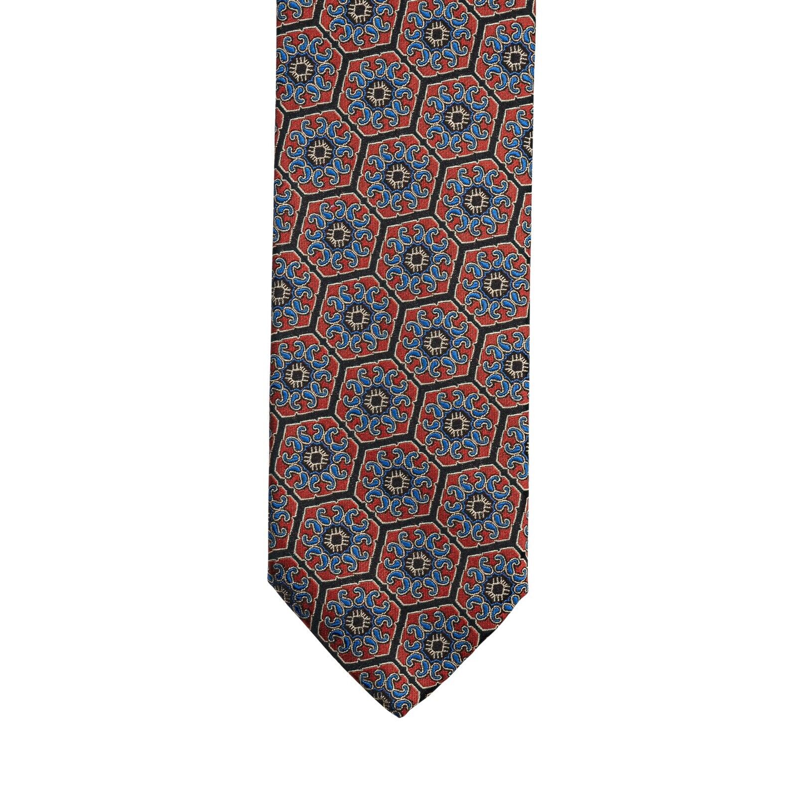 $290 ITALO FERRETTI Tie Medallion Red / Blue 100% Silk Handmade in Italy BIJAN
