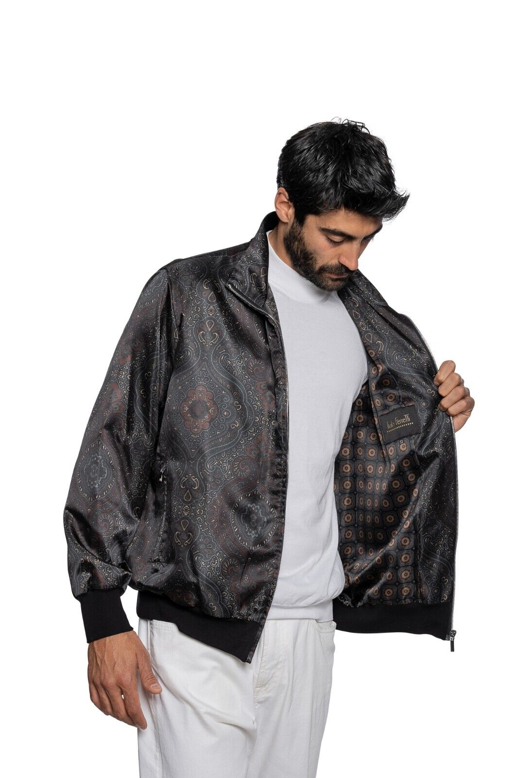 2000$ ITALO FERRETTI Bomber Jacket "DAMASK" 100% Silk 42 US / 52 EU ZILLI
