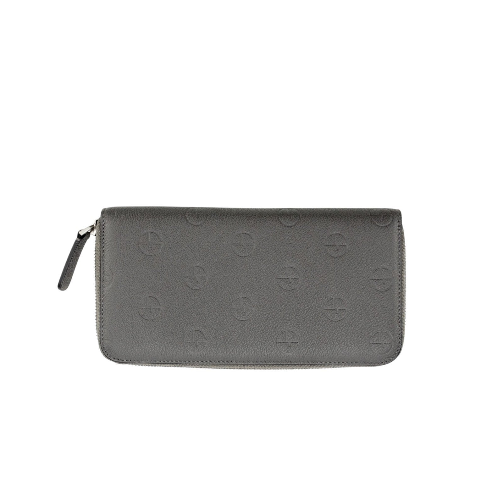 750$ GIORGIO ARMANI Wallet Zip Around Embossed GA Monogram Gray Taupe Leather