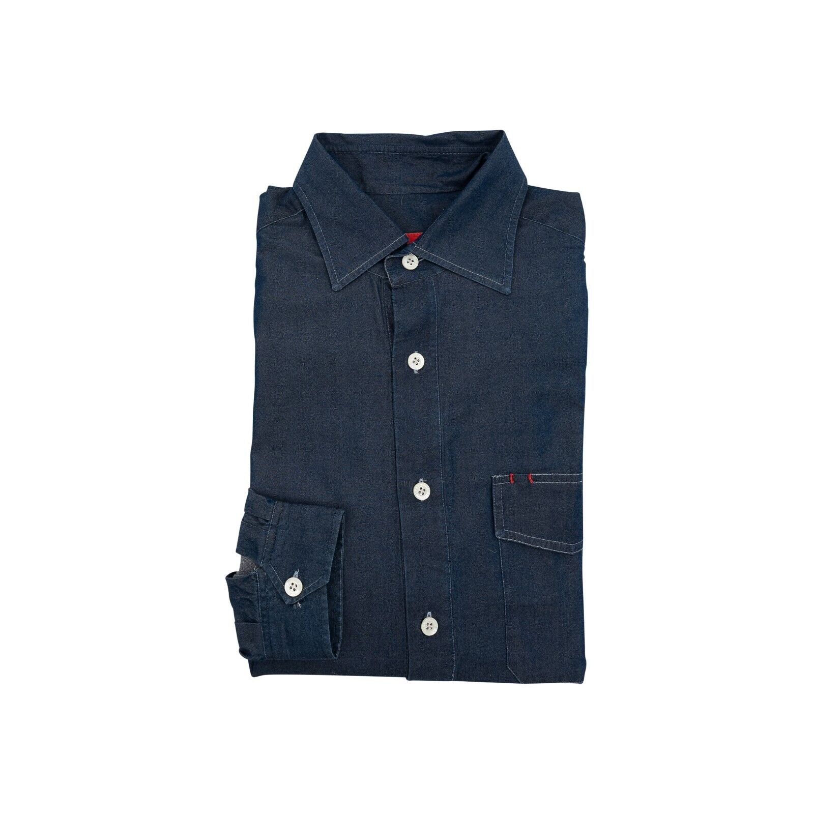 750$ ISAIA NAPOLI Dark Blue Hand-Sewn Casual Shirt Denim Cotton  15.5 - 39