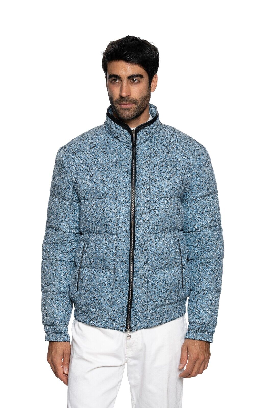 2500$ ITALO FERRETTI Puffer Jacket Blue 100% Silk Water Repellent + Leather Sz L