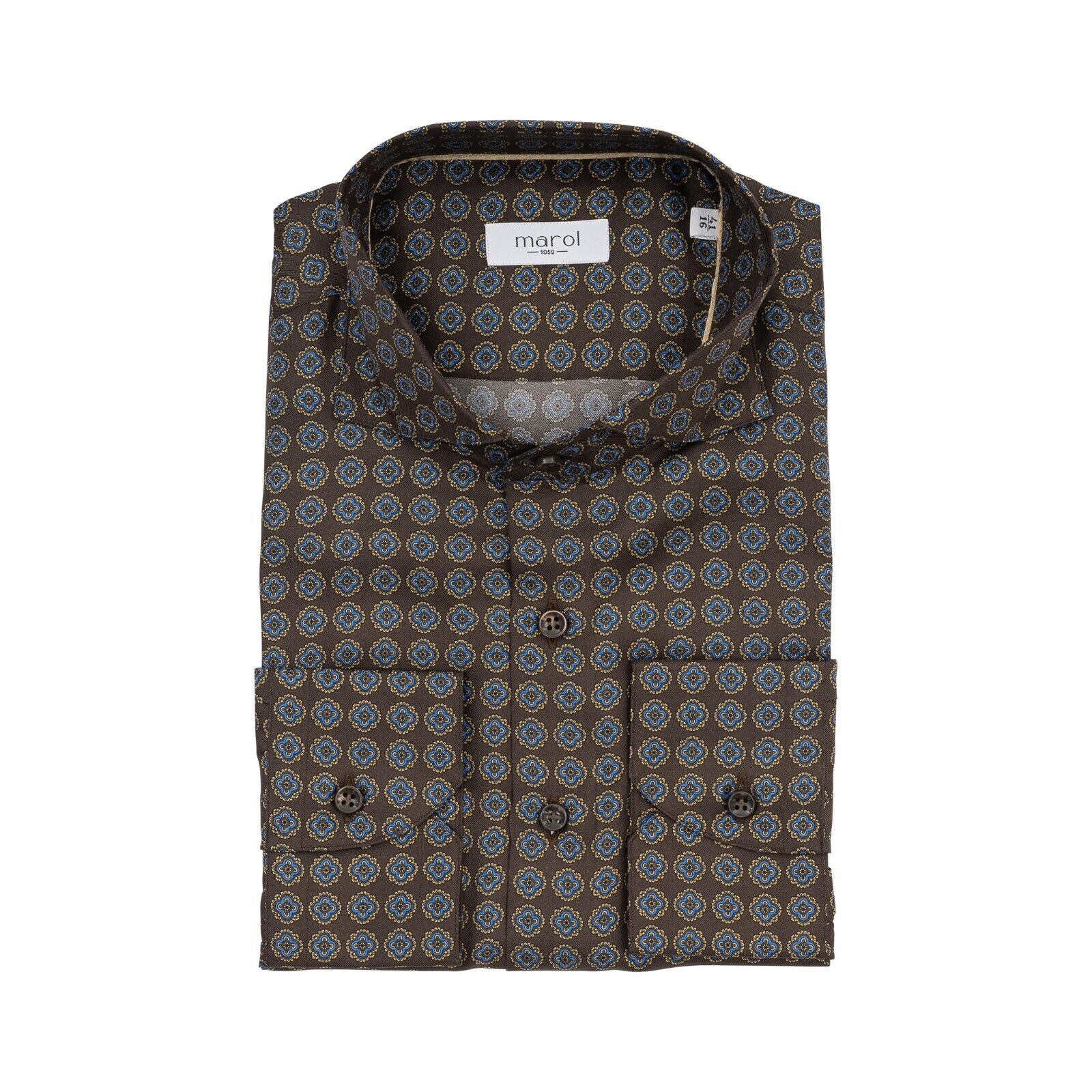 1400$ LUXURY MAROL BOLOGNA Medallion Shirt Brown 100% COMO SILK Satin  16 - 41
