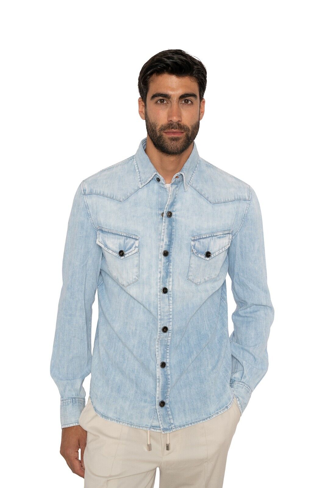 $900 ISAIA NAPOLI Light Blue Denim Shirt Jacket Washed Cotton Size 15.5 - 39