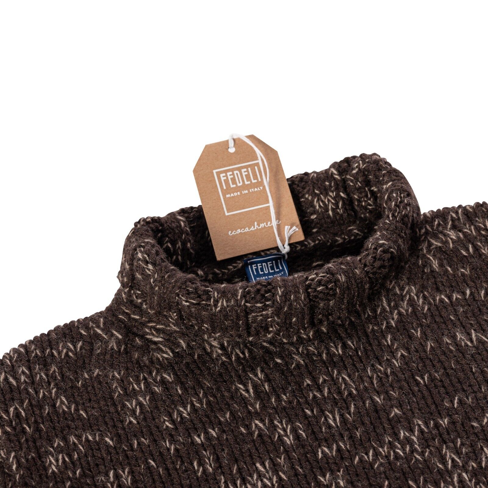 $1500 FEDELI CASHMERE Brown Sweater Thick Mouline Ribbed 100% Cashmere Mock Neck
