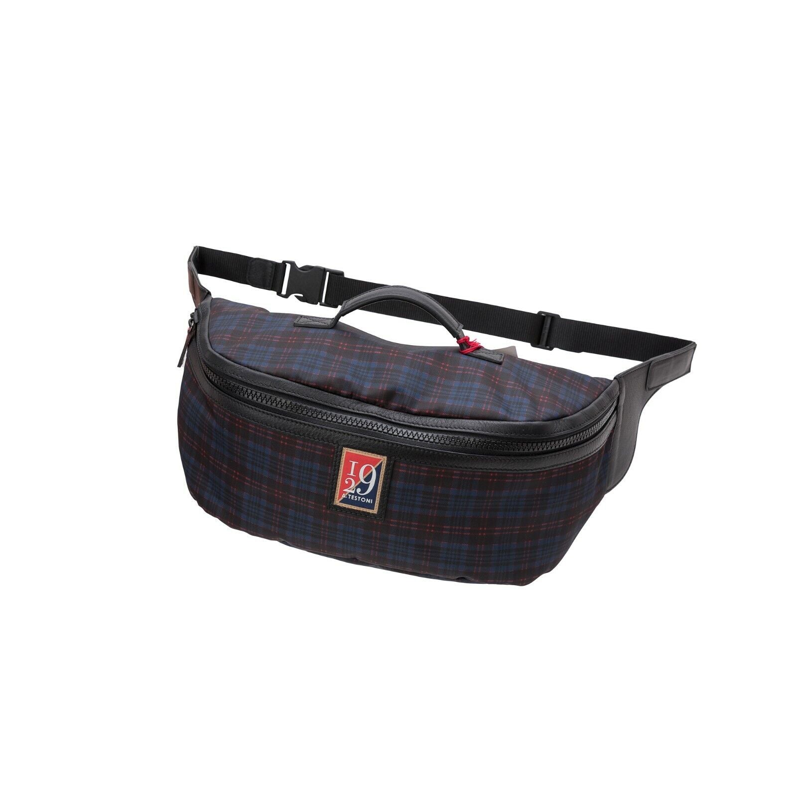 $199 Testoni I29 Bologna Large Crossbody Bag Calf + Techno Scottish Fabric