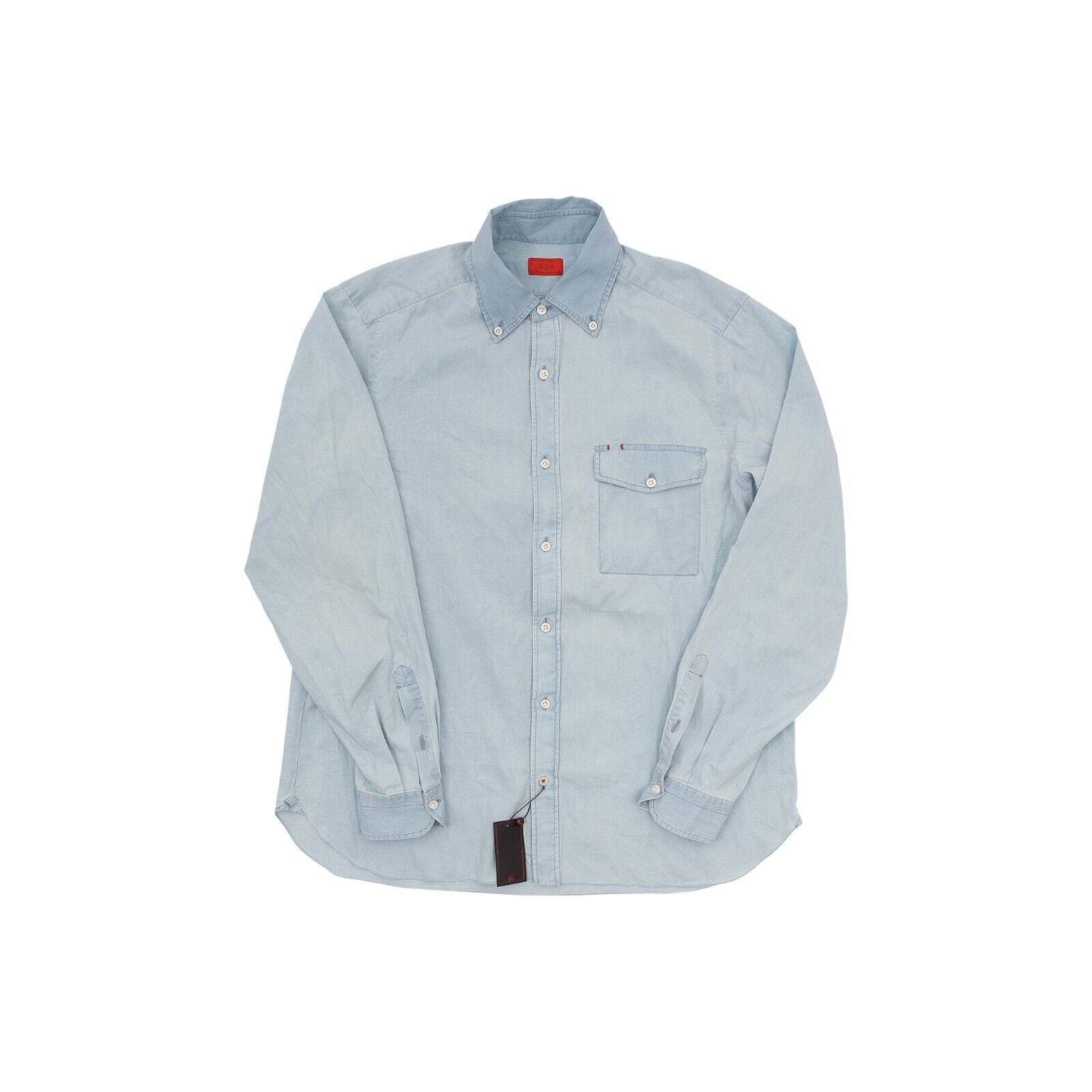 850$ ISAIA NAPOLI Light Blue Denim Hand Sewn Shirt Cotton 15.5 - 39