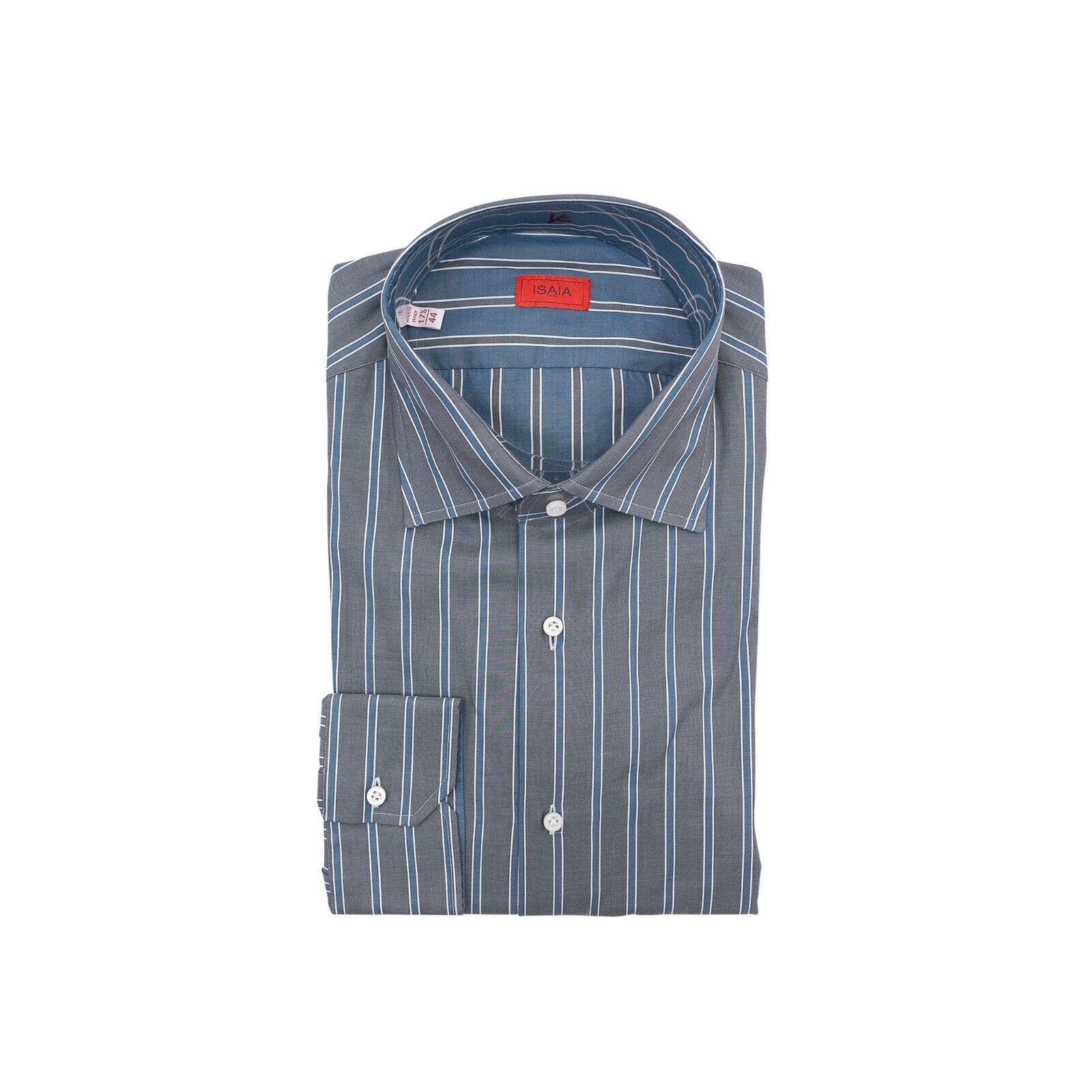 690$ ISAIA NAPOLI Gray / Blue Striped Hand-Sewn Dress Shirt Cotton 17.5 - 44