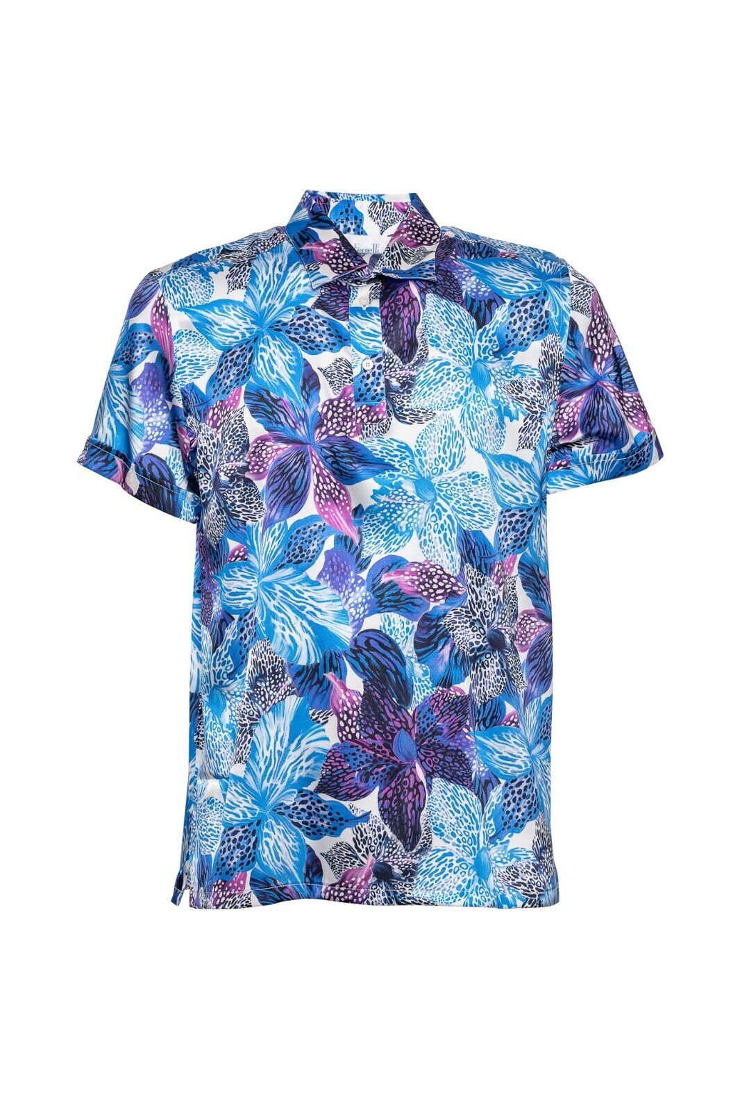 750$ ITALO FERRETTI " FLORAL " Polo Blue 100% Silk STRETCH COMO Size L BIJAN