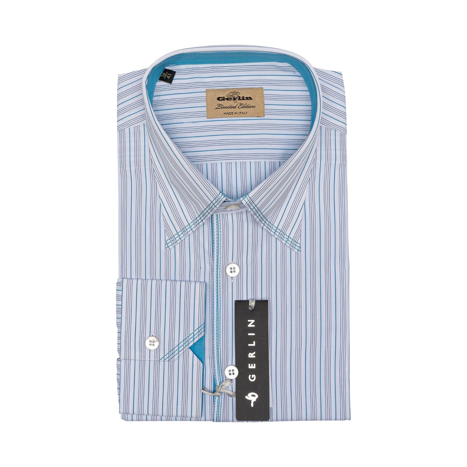 690$ LUXURY GERLIN Shirt Point Collar Turquoise Cotton 16-41 - 7R BIJAN