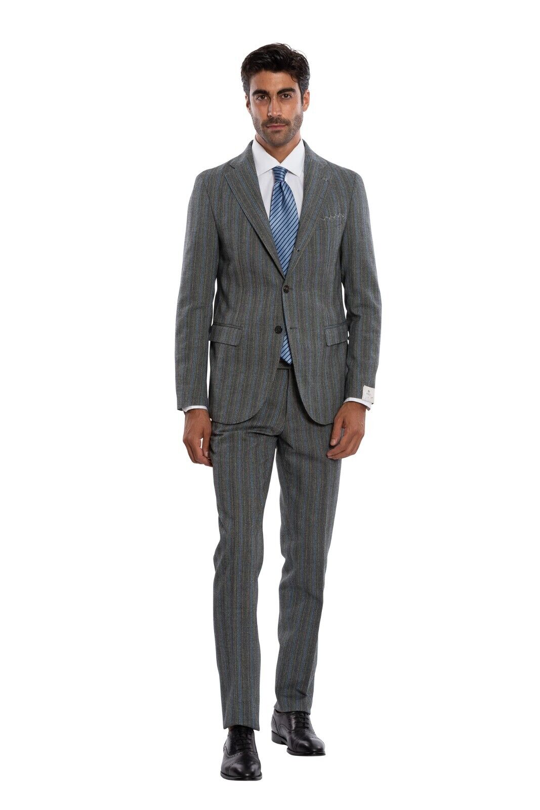 $2650 LUIGI BORRELLI NAPOLI Hand-Sewn Gray Striped Suit Wool Cotton Slim Fit