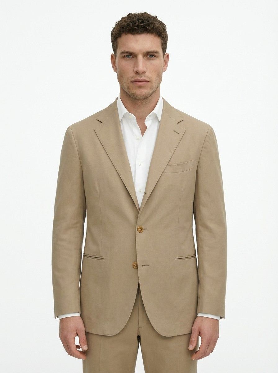 $1800 RAFFAELE CARUSO Beige Handmade 3/2 Roll Suit 100% Cotton 44 US / 54 EU