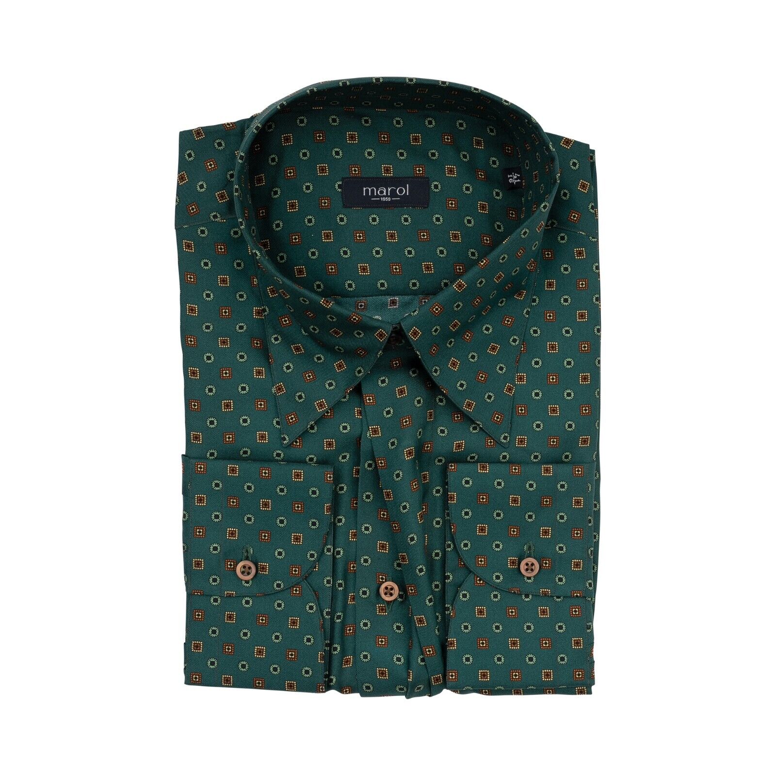 1400$ MAROL BOLOGNA Geometric Petroleum Green Shirt 100% COMO SILK Satin  16-41