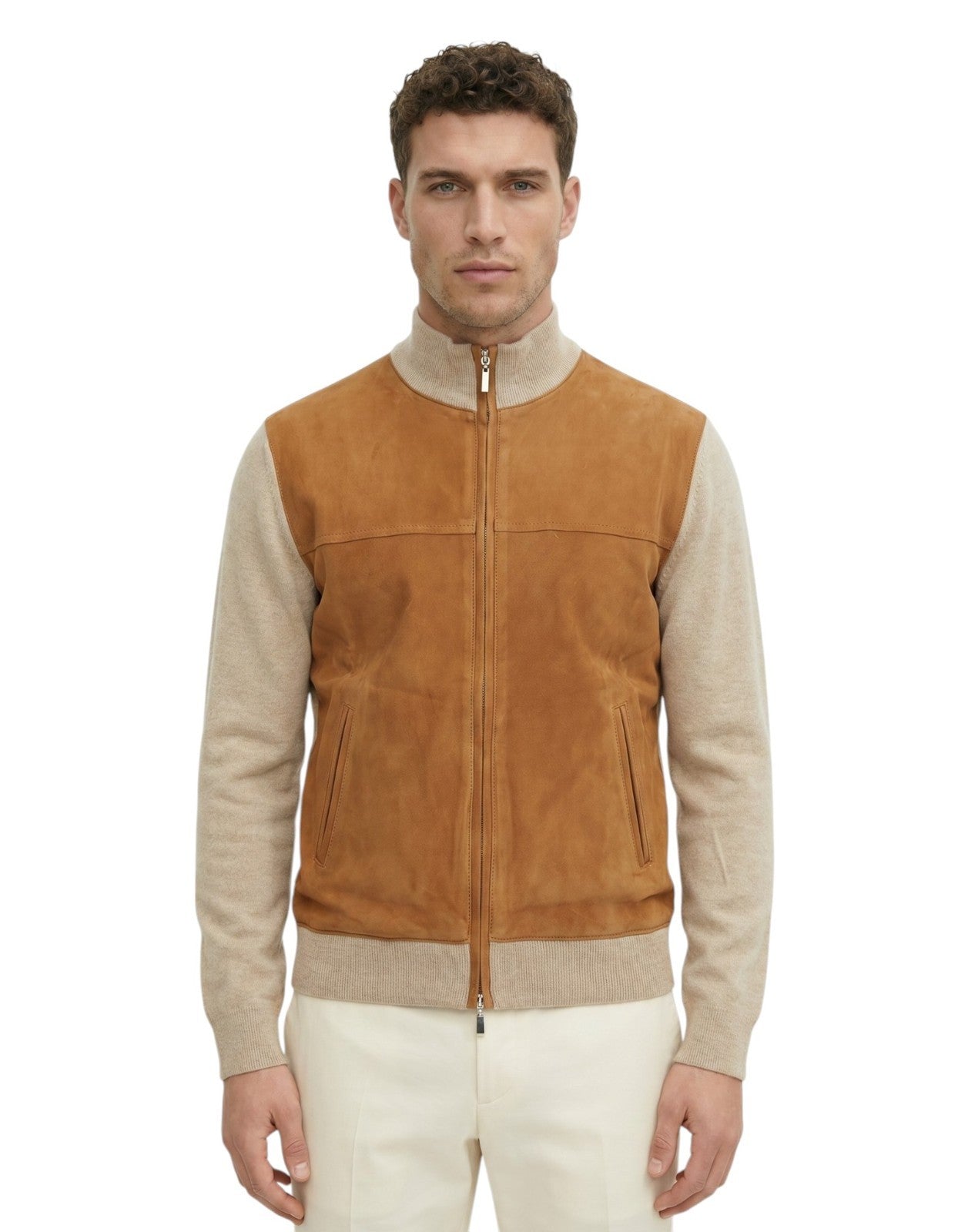 2800$ DELLA CIANA CASHMERE Ivory Bomber Zip Jacket Suede Leather - Cashmere