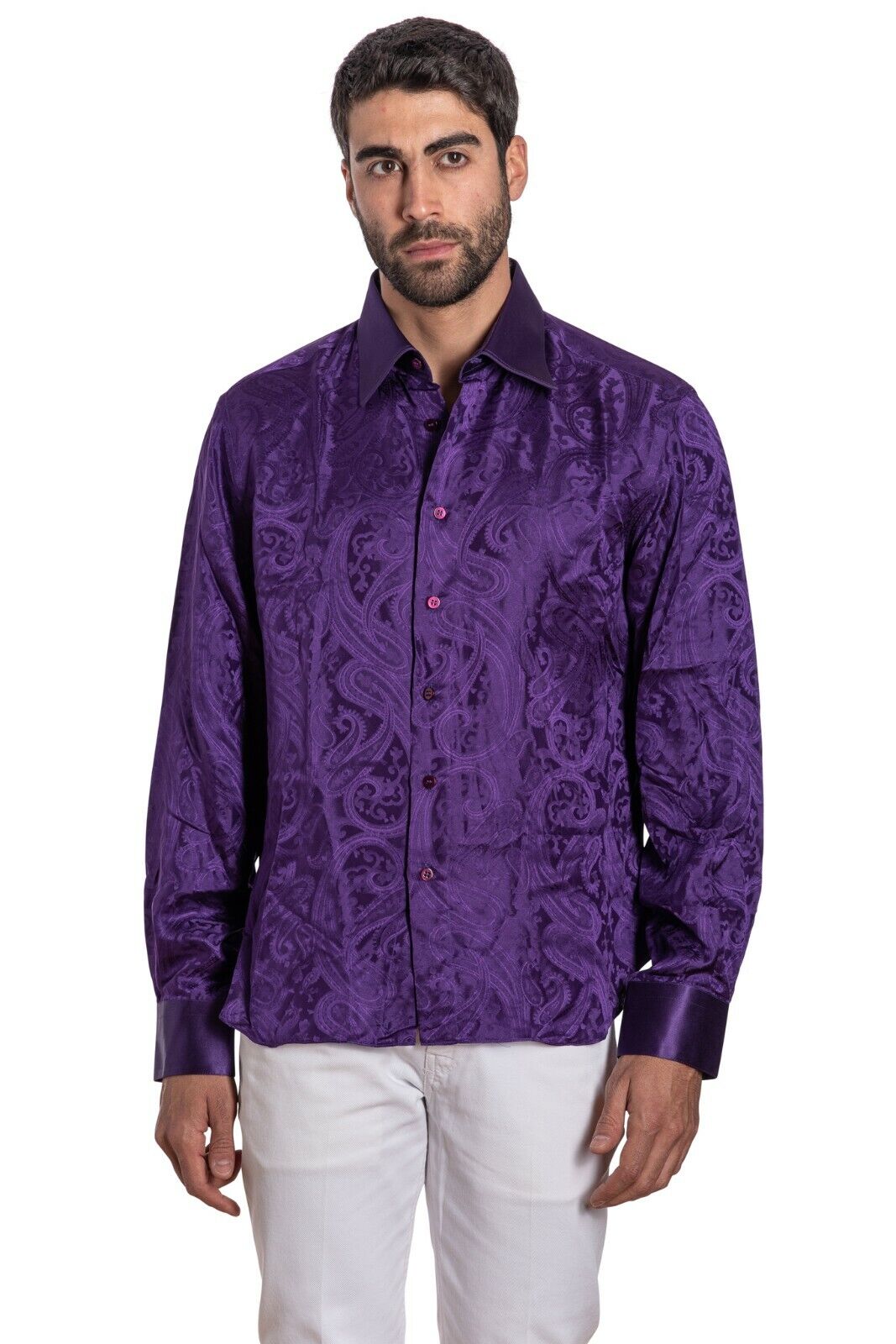 LUXURY 1400$ GERLIN Shirt Purple Paisley 100% Silk 15.75-40  BIJAN