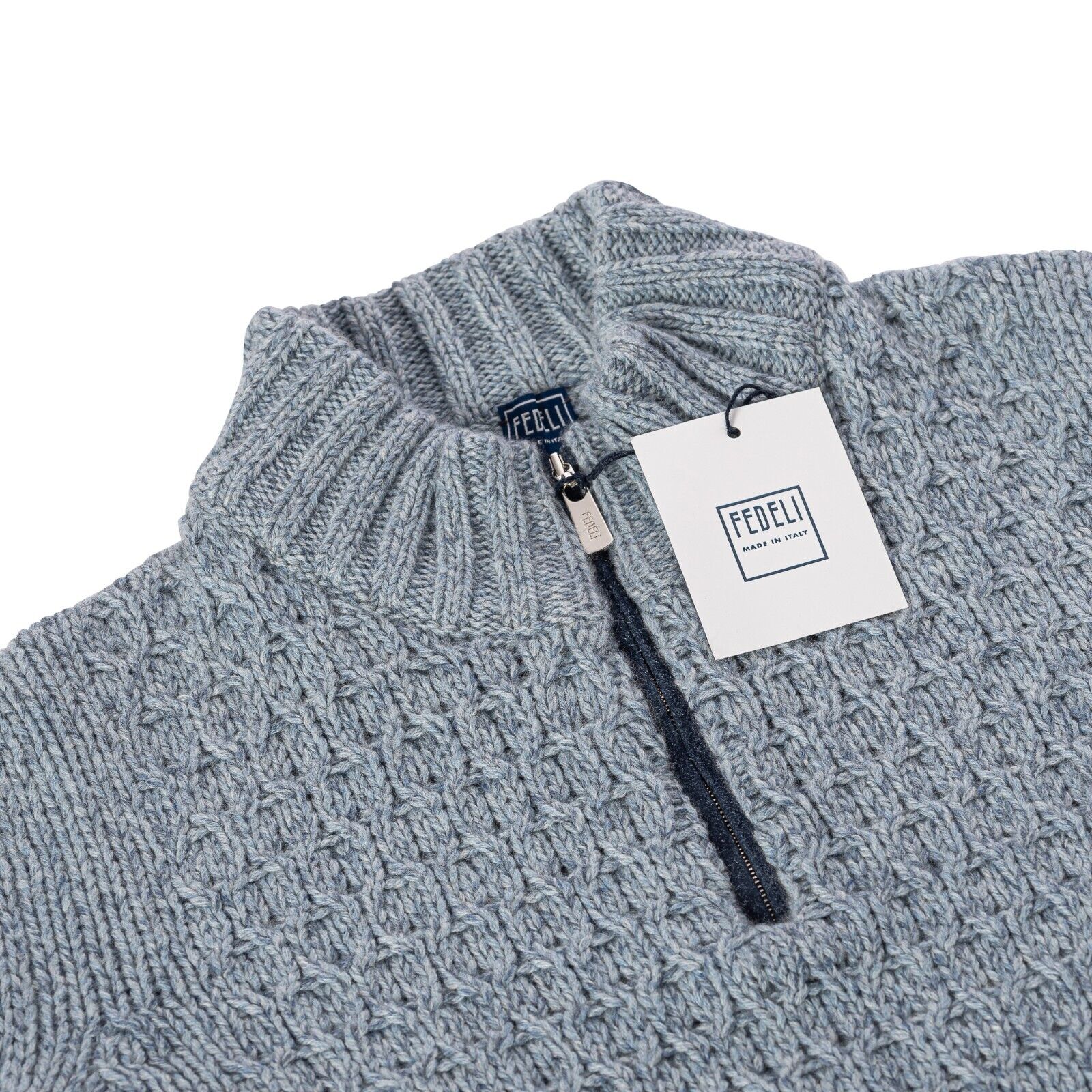 $1400 FEDELI CASHMERE Sweater Half Zip Cable 100% Cashmere + Suede 40 US / 50 EU