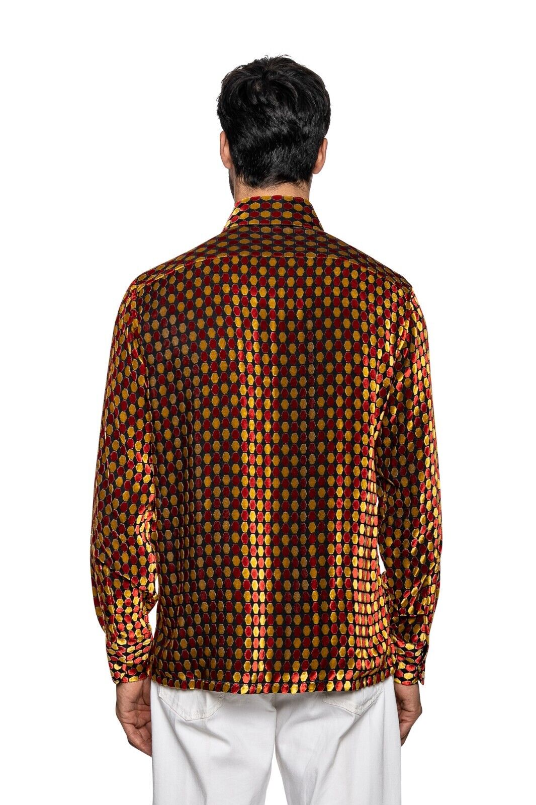 2000$ ITALO FERRETTI Shirt Velvet / Silk Geometric Sz L Lined in Silk BIJAN