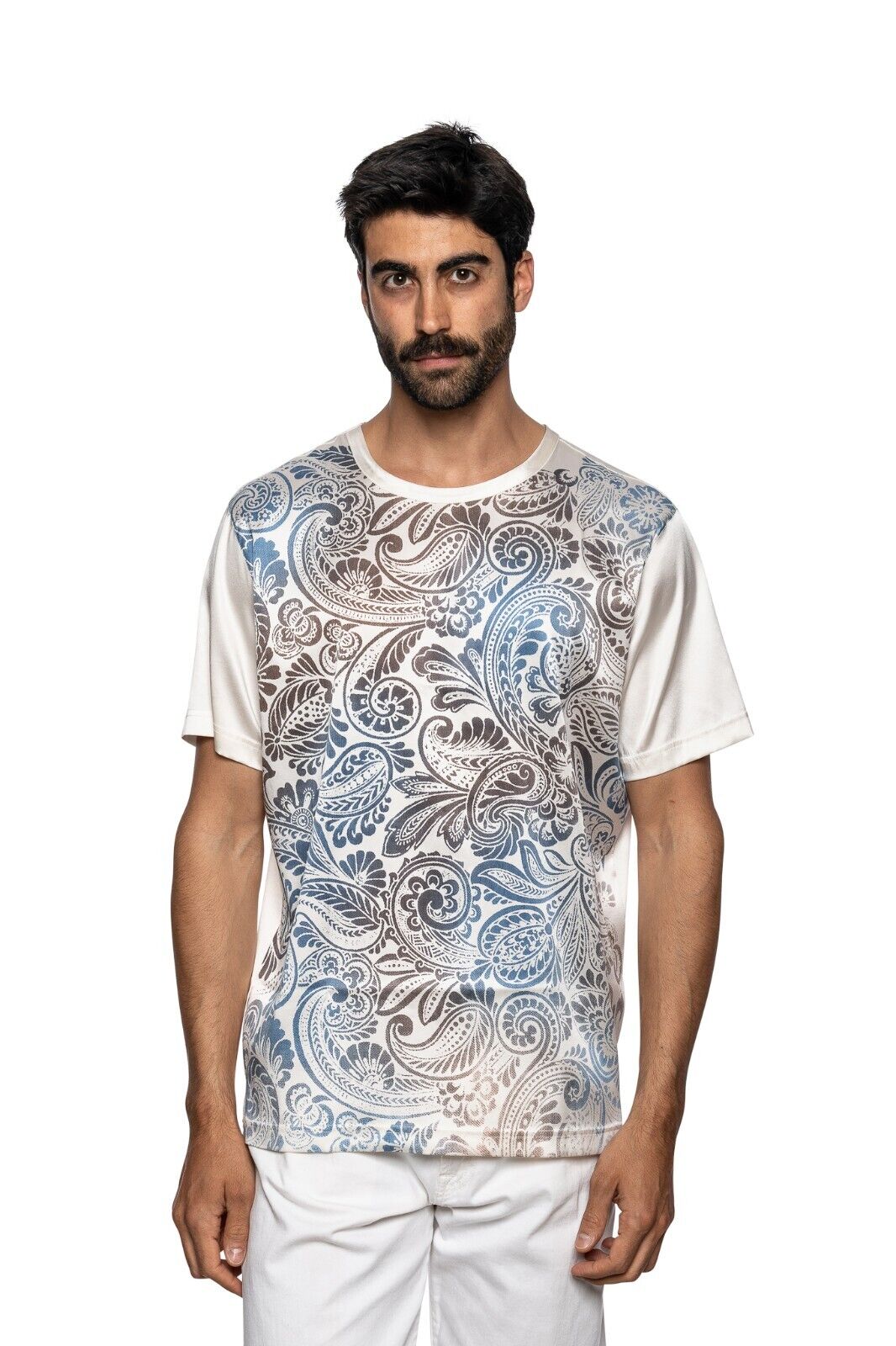 750$ LUXURY FABIO CAVIGLIA T-Shirt White "PAISLEY" 100% Silk COMO STRETCH