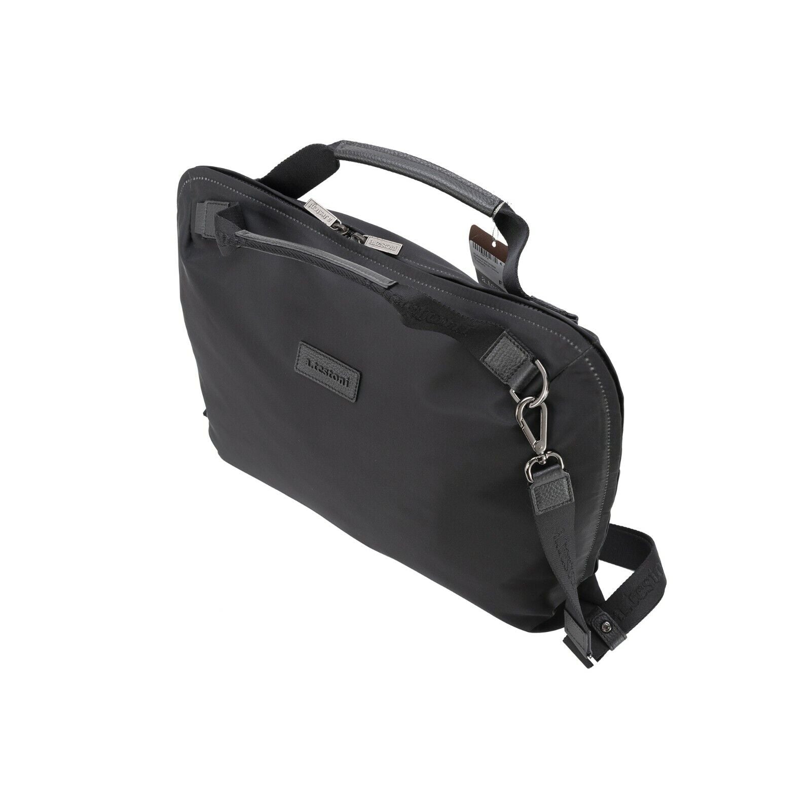 $650 Testoni Bologna Briefcase Bag Fabric + Karibu Calf Black + Shoulder Strap