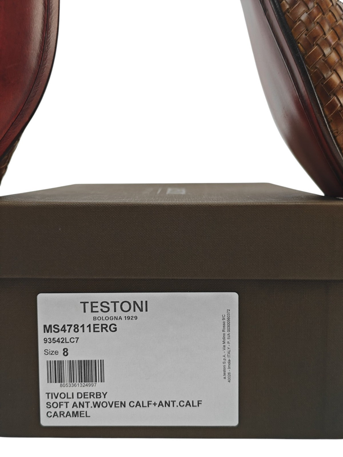 1200$ TESTONI "Tivoli" Derby Shoes Woven Calf Caramel 8 UK / 9 US / 42 IT