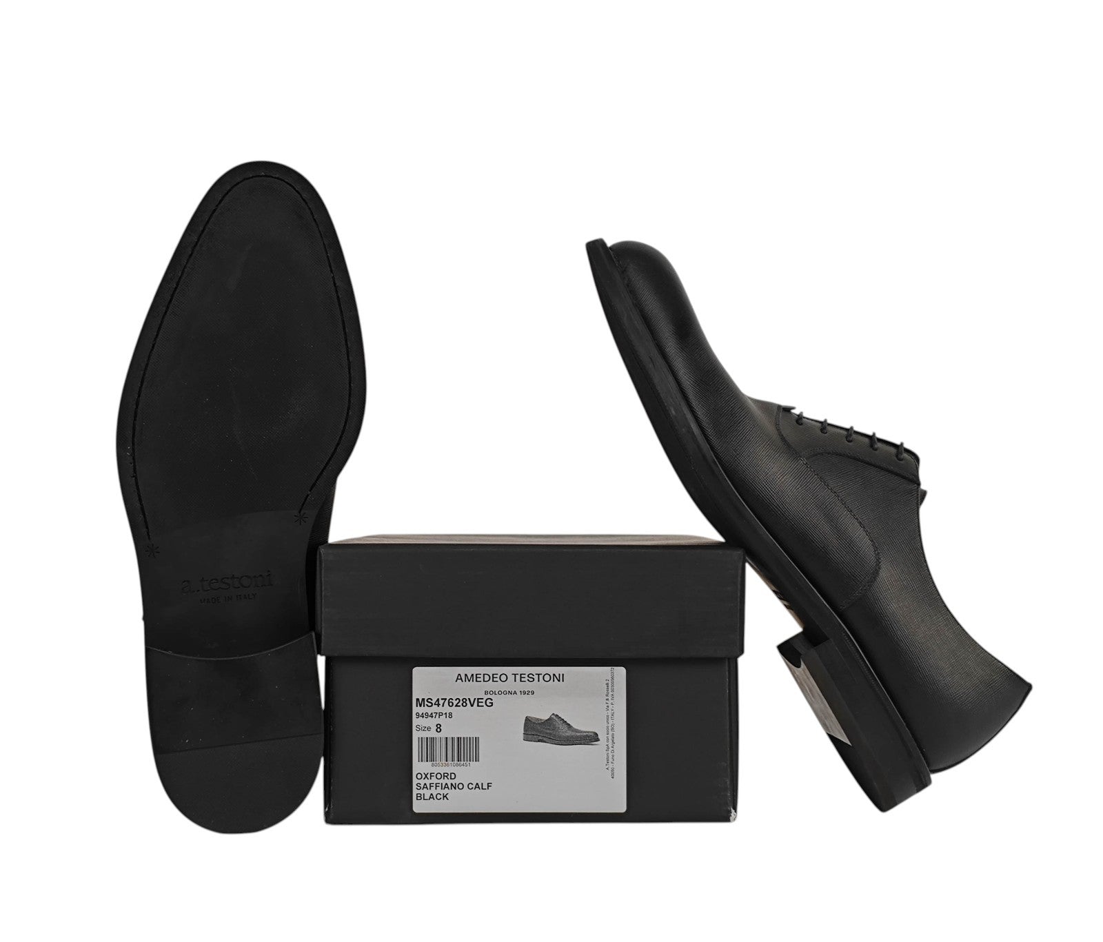 1100$ TESTONI Bologna 1929 Oxford Shoes Saffiano Calf Black 8 UK / 9 US / 42 IT