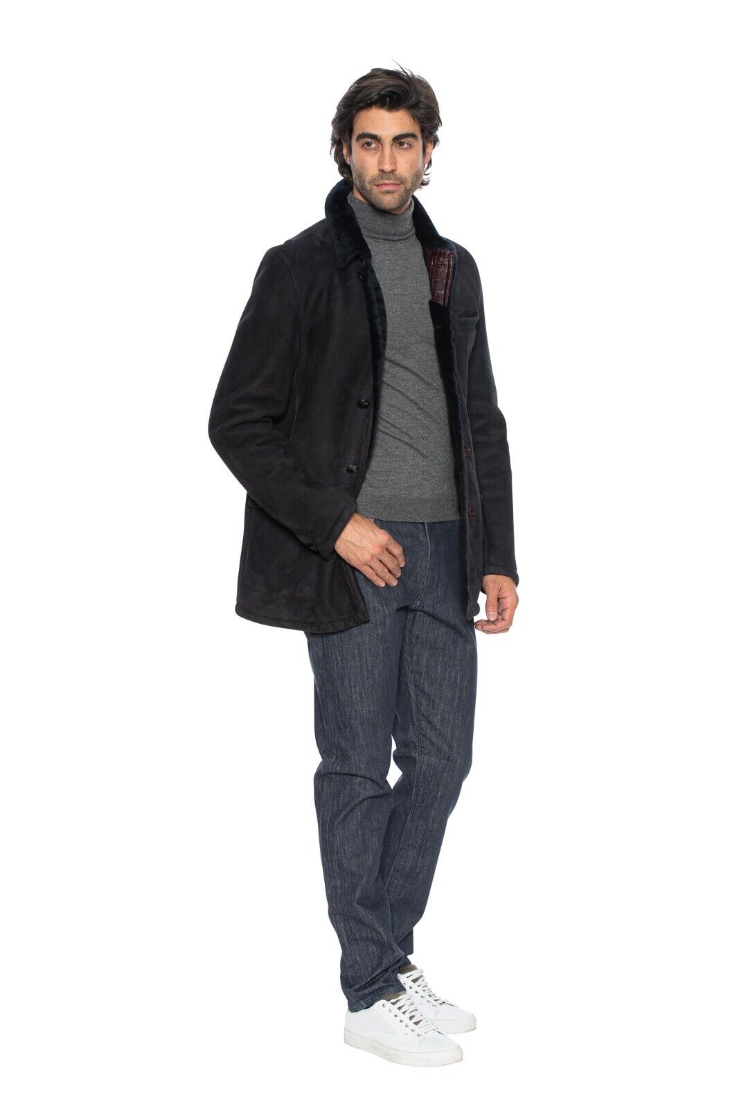 $11500 HETTABRETZ Dark Blue Leather Lambskin Fur Coat + Crocodile 40 US / 50 EU