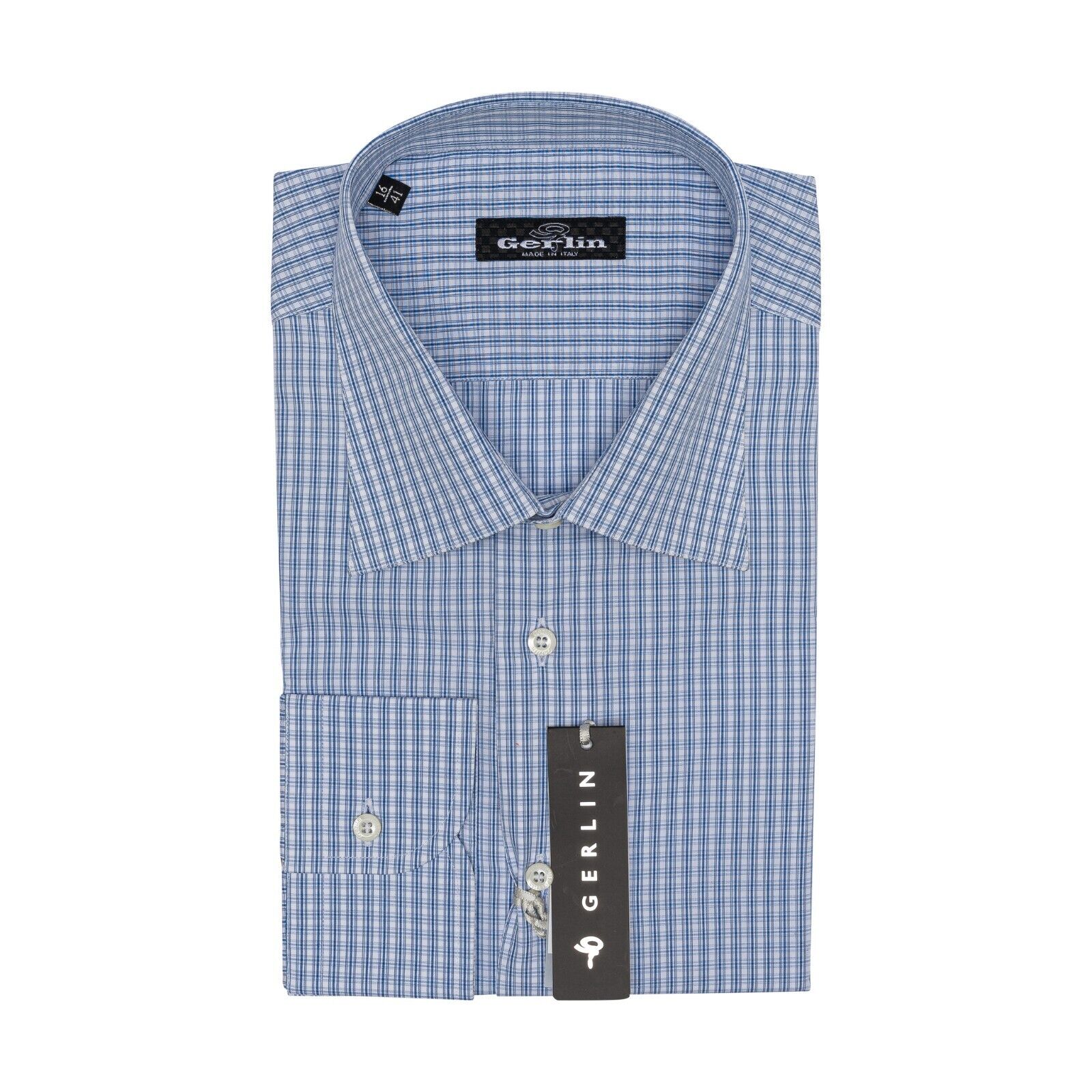 690$ LUXURY GERLIN Shirt Blue Checks ALUMO Cotton 16 - 41 1Q BIJAN